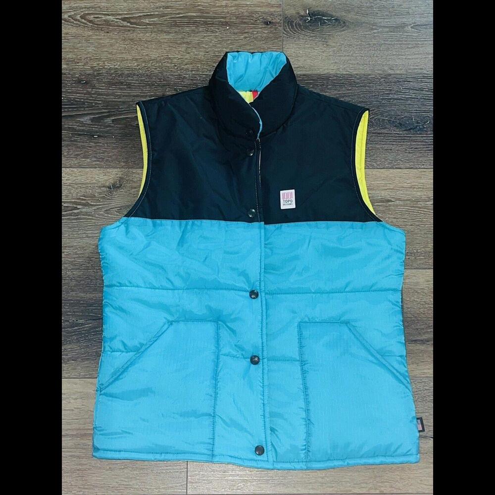 Topo Designs Women’s Full-Zip Puffer Vest Color Block Teal Black Size Large NWT